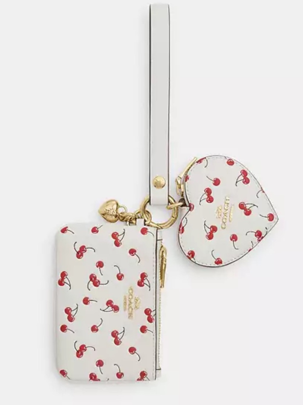 Coach White Cherry-Print Wristlet Card Case with Heart Coin Pouch